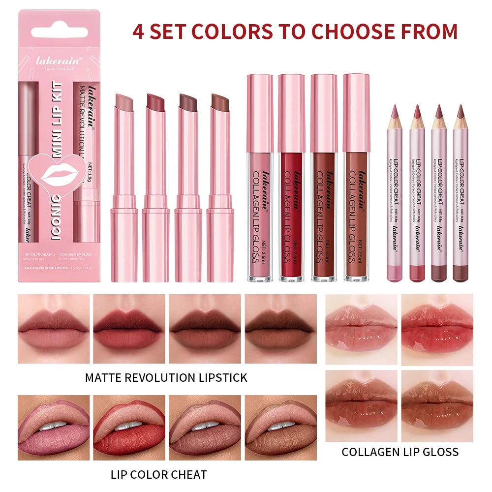 Matte Lipstick Lip Gloss Set Waterproof Nude Red Lip Liner Kit - 4