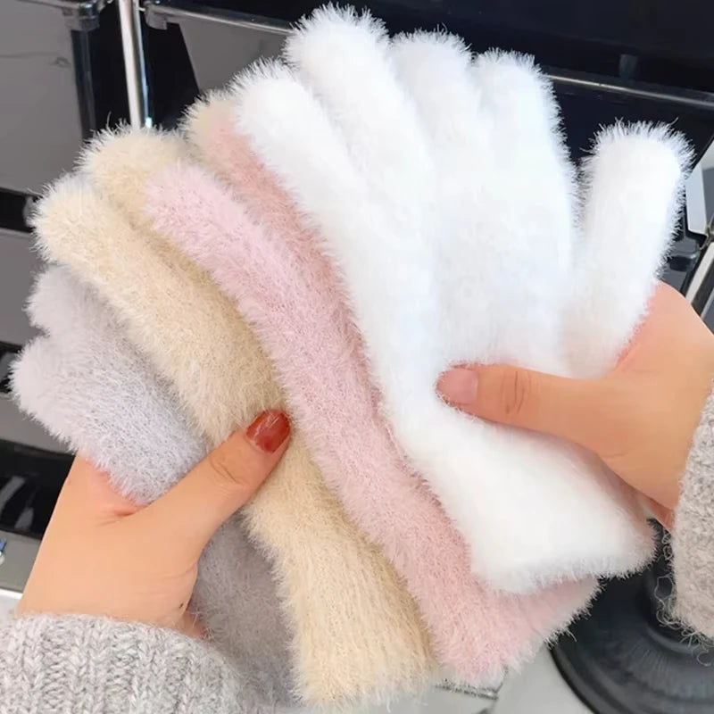 Women Winter Plush Warm Gloves Soft Five Finger Cold Proof Mittens