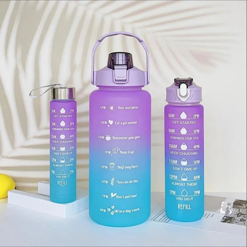 3-Piece Motivational Water Bottle Set Gradient Sports Jug with Straw