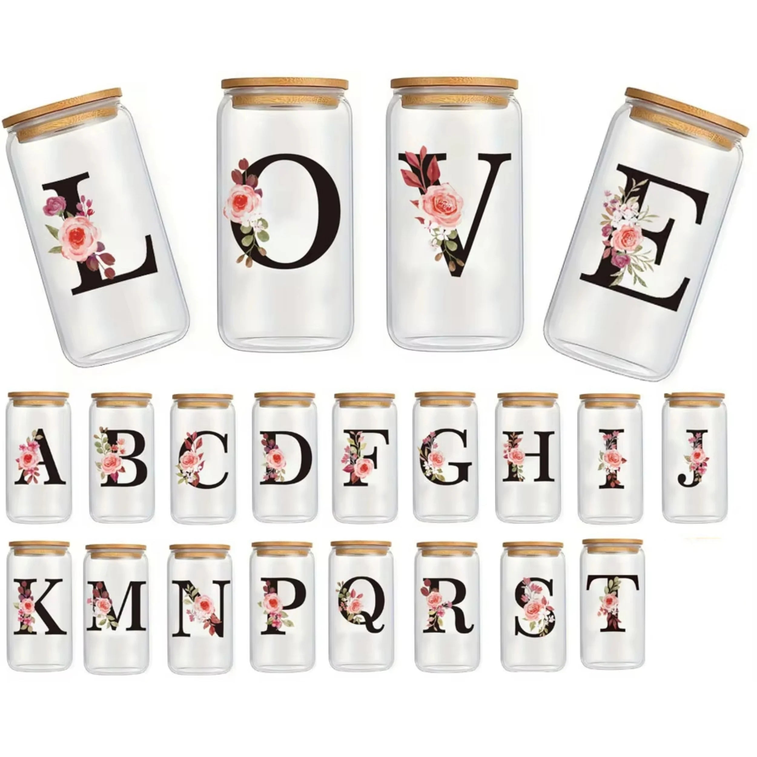 500ml Floral Alphabet Glass Cup with Bamboo Lid and Straw Coffee Mug - 13