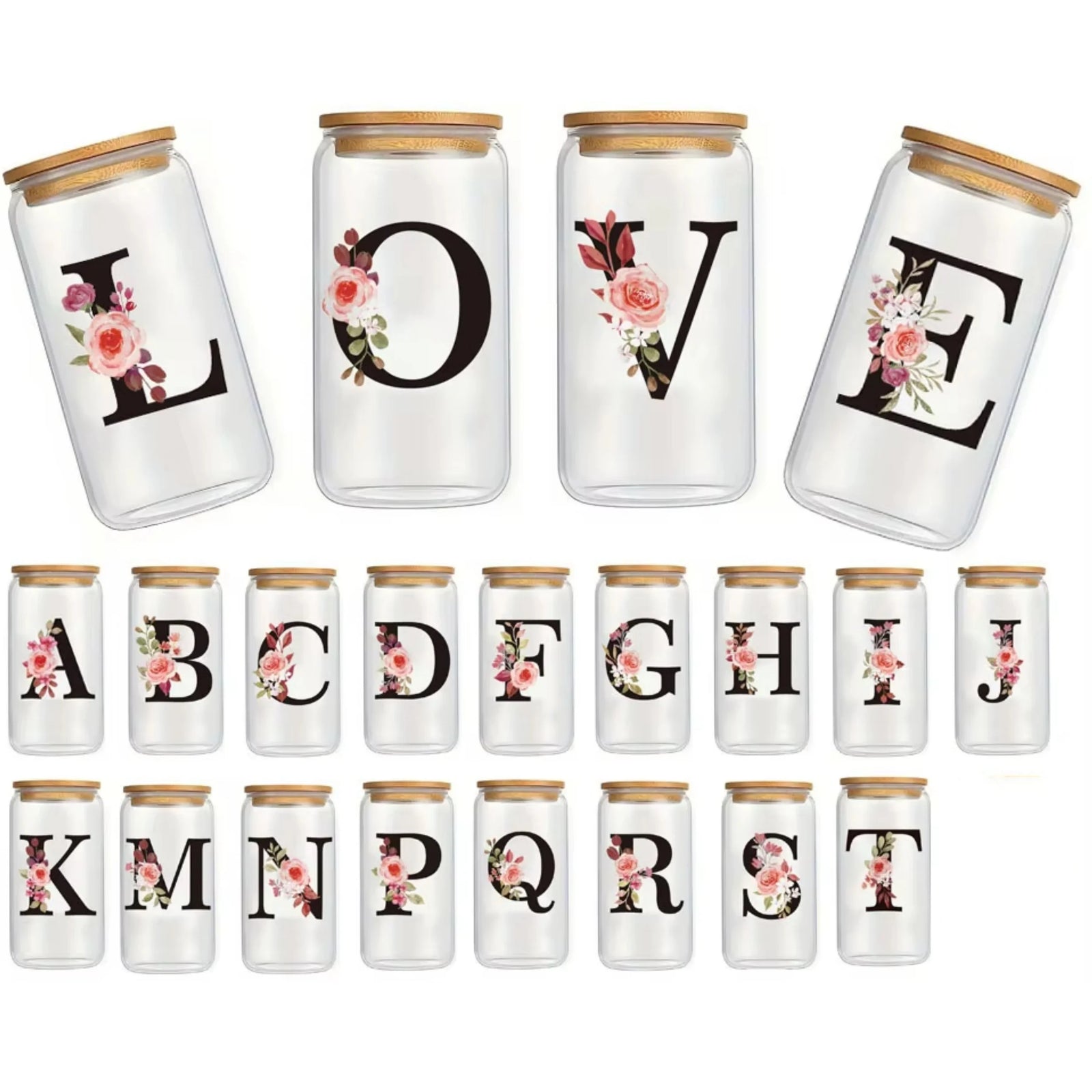 500ml Floral Alphabet Glass Cup with Bamboo Lid and Straw Coffee Mug
