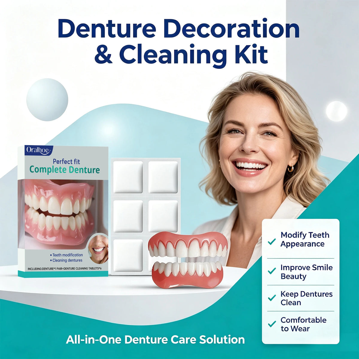 Oralhoe Cosmetic Denture Kit Upper and Lower Teeth with Cleaning Tablets
