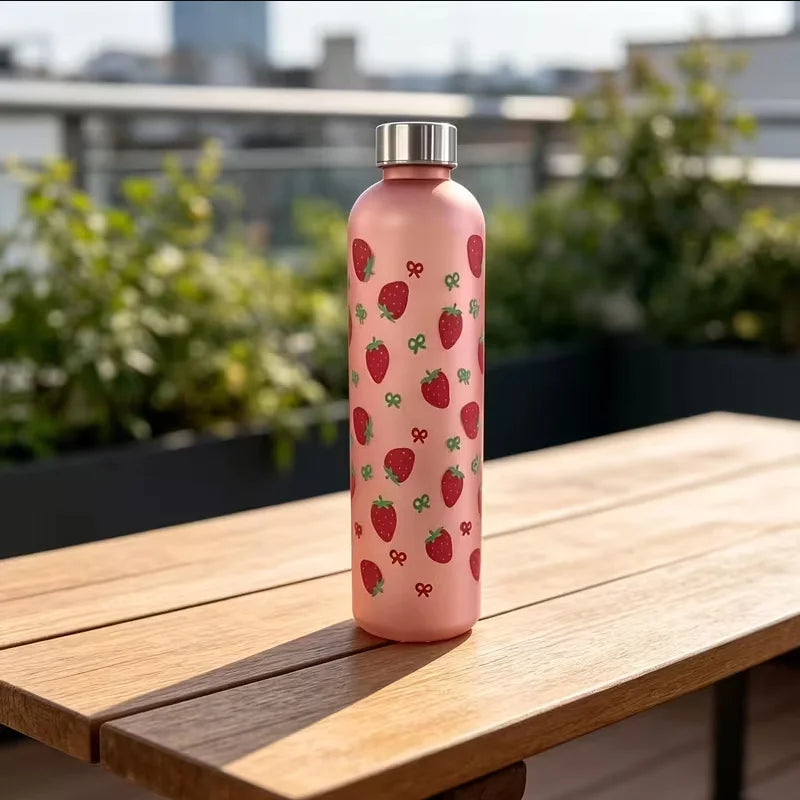 Cute Strawberry Water Bottle 1000ml Matte Frosted Leak Proof Sport Flask