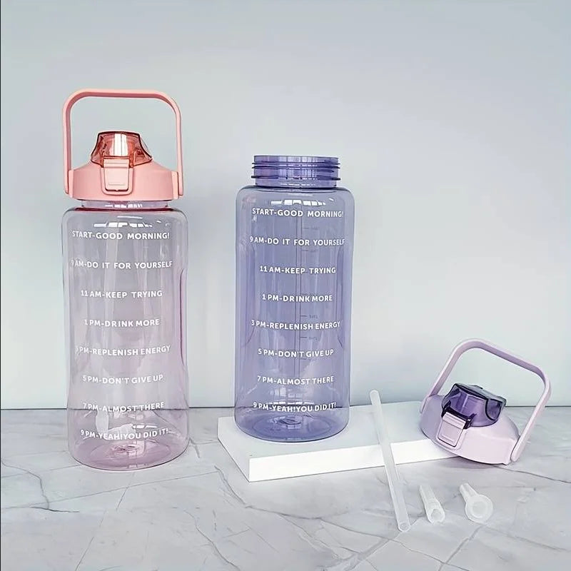 2L Large Motivational Water Bottle with Time Marker and Straw