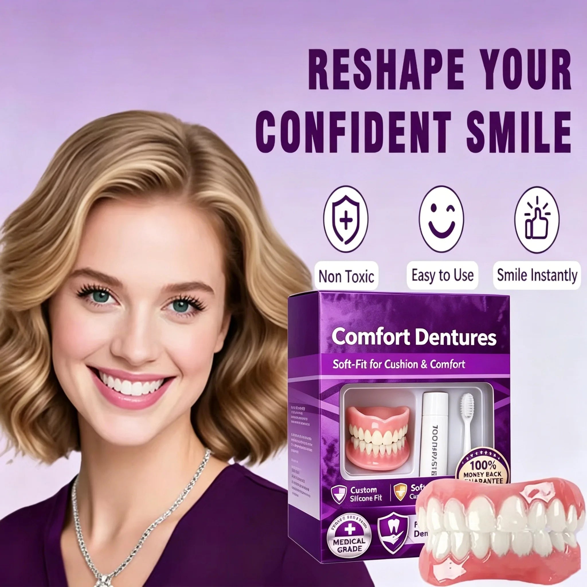 Adult Silicone Dentures Full Set Fake Teeth Comfort Fit - 3