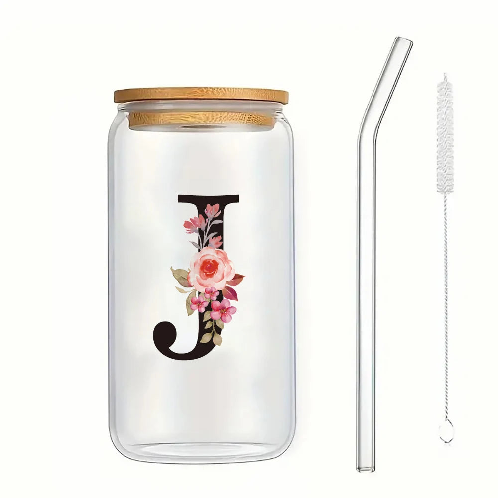 500ml Floral Alphabet Glass Cup with Bamboo Lid and Straw Coffee Mug - 58