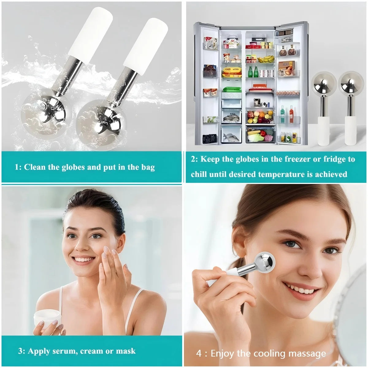 Stainless Steel Ice Globes Facial Cryo Sticks Cooling Roller - 6
