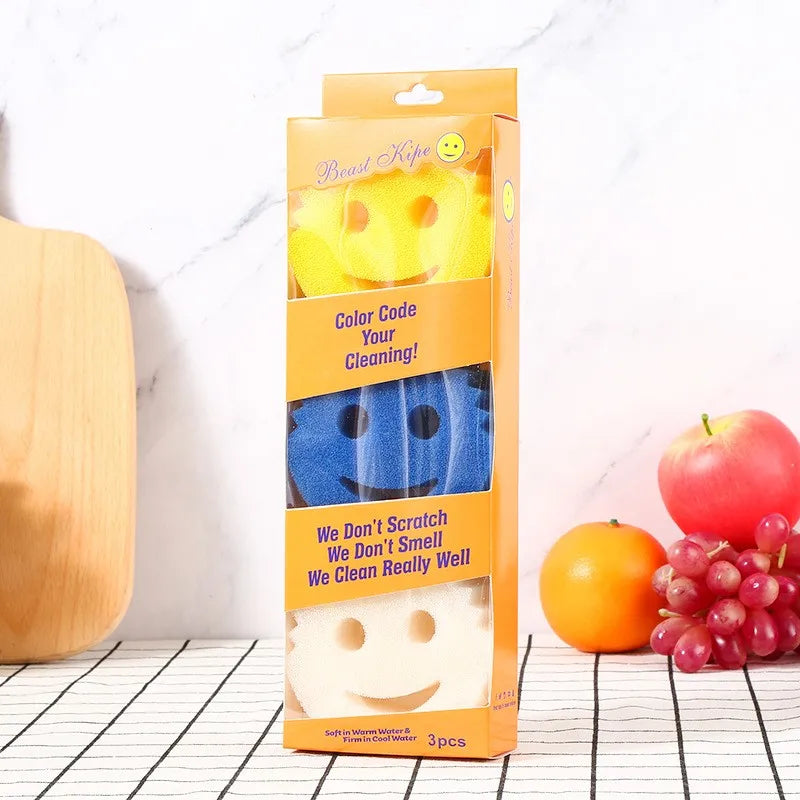 3 Pack Smiley Face Kitchen Cleaning Sponges Dishwashing Scrubbers - 14