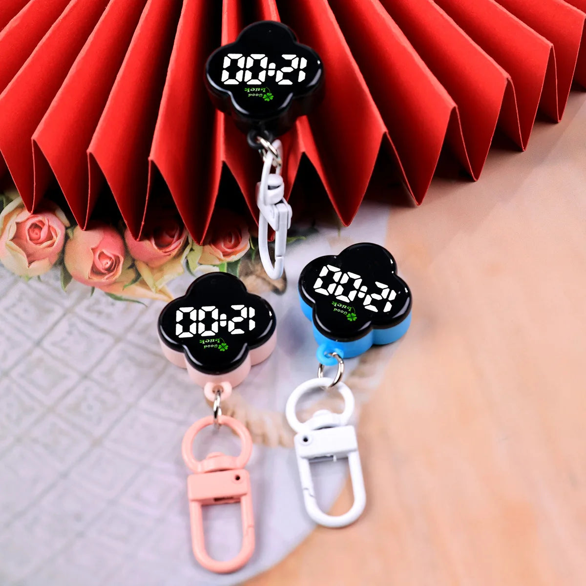 LED Digital Pocket Watch Keychain Portable Flower Shape Electronic Clock - 1
