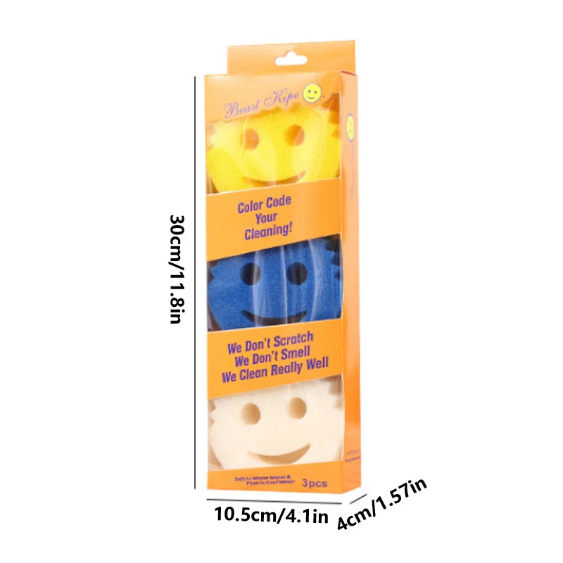 3 Pack Smiley Face Kitchen Cleaning Sponges Dishwashing Scrubbers