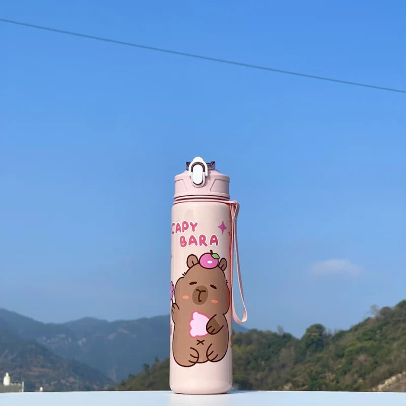 Cute Capybara Water Bottle Large Capacity Sports Cup with Straw and Strap - 15