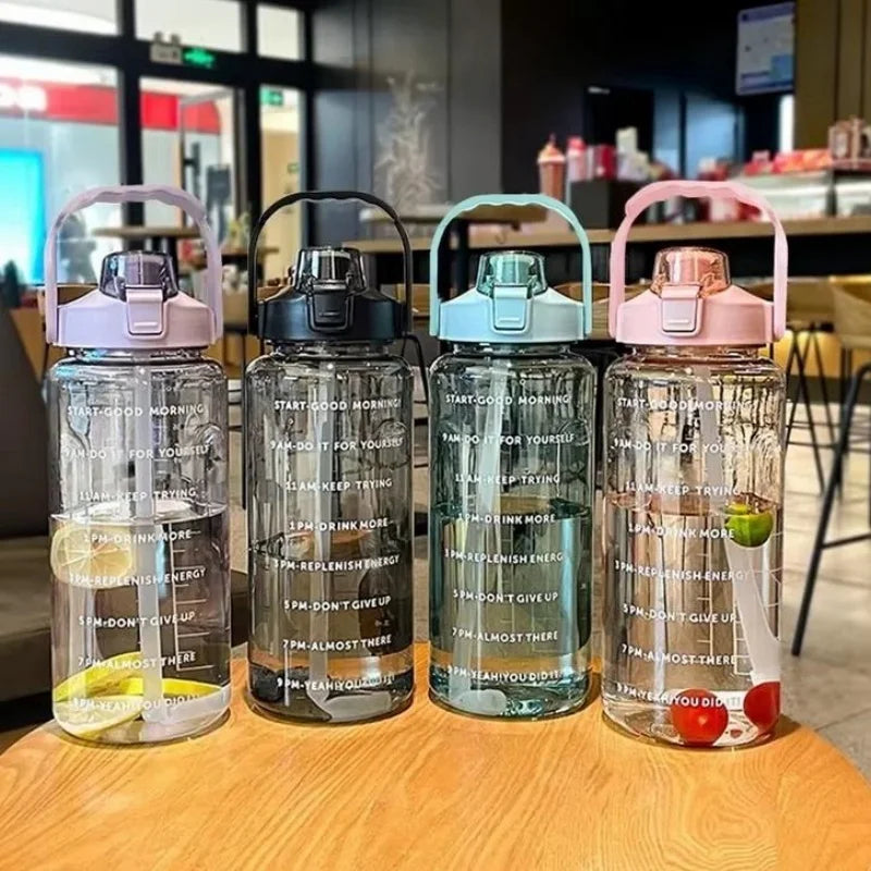 2L Motivational Sports Water Bottle with Straw Time Marker Fitness Jug