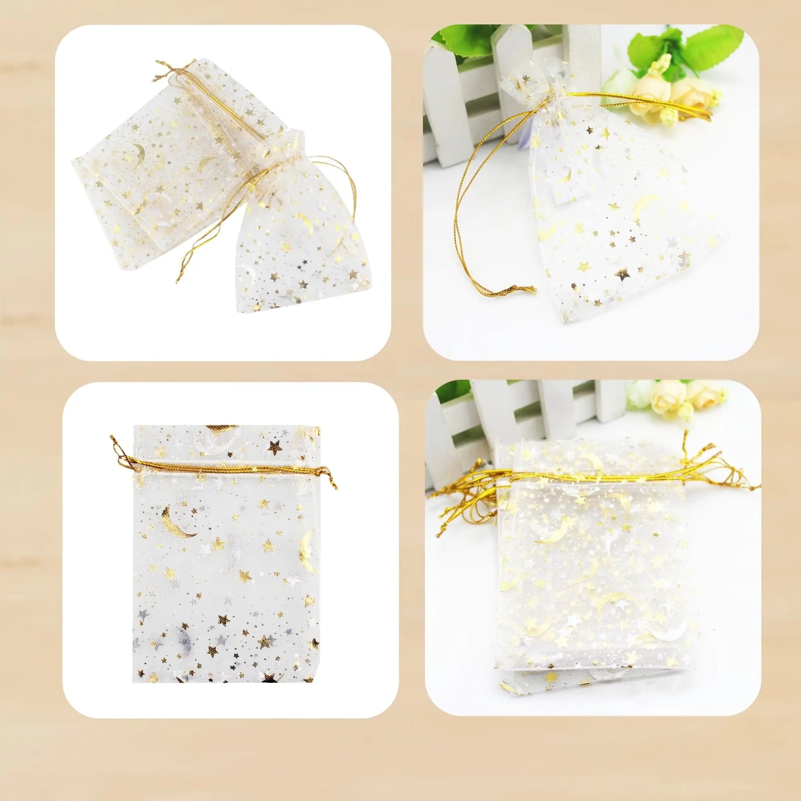 Moon and Star Organza Drawstring Gift Bags for Jewelry and Party Favors
