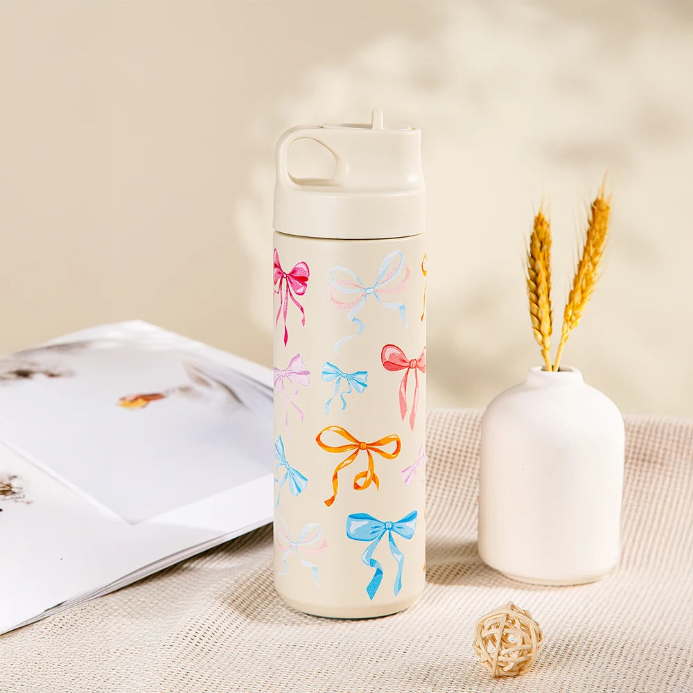 500ml Bow Print Insulated Stainless Steel Tumbler Cup with Straw - 15