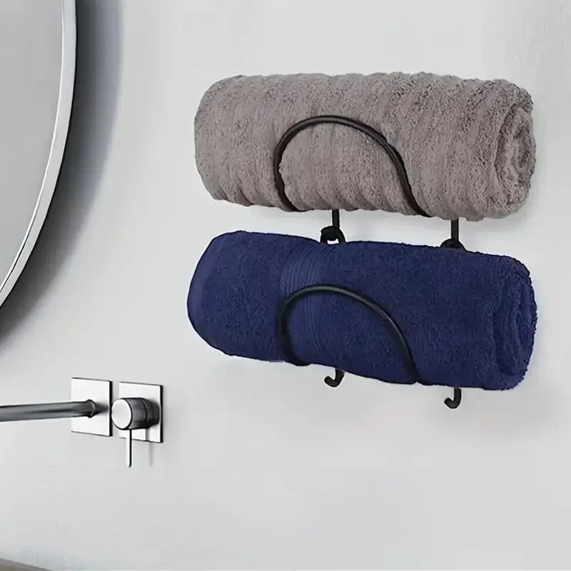 Wall Mounted Towel Rack Organizer Metal Bathroom Storage Shelf with Hooks - 3
