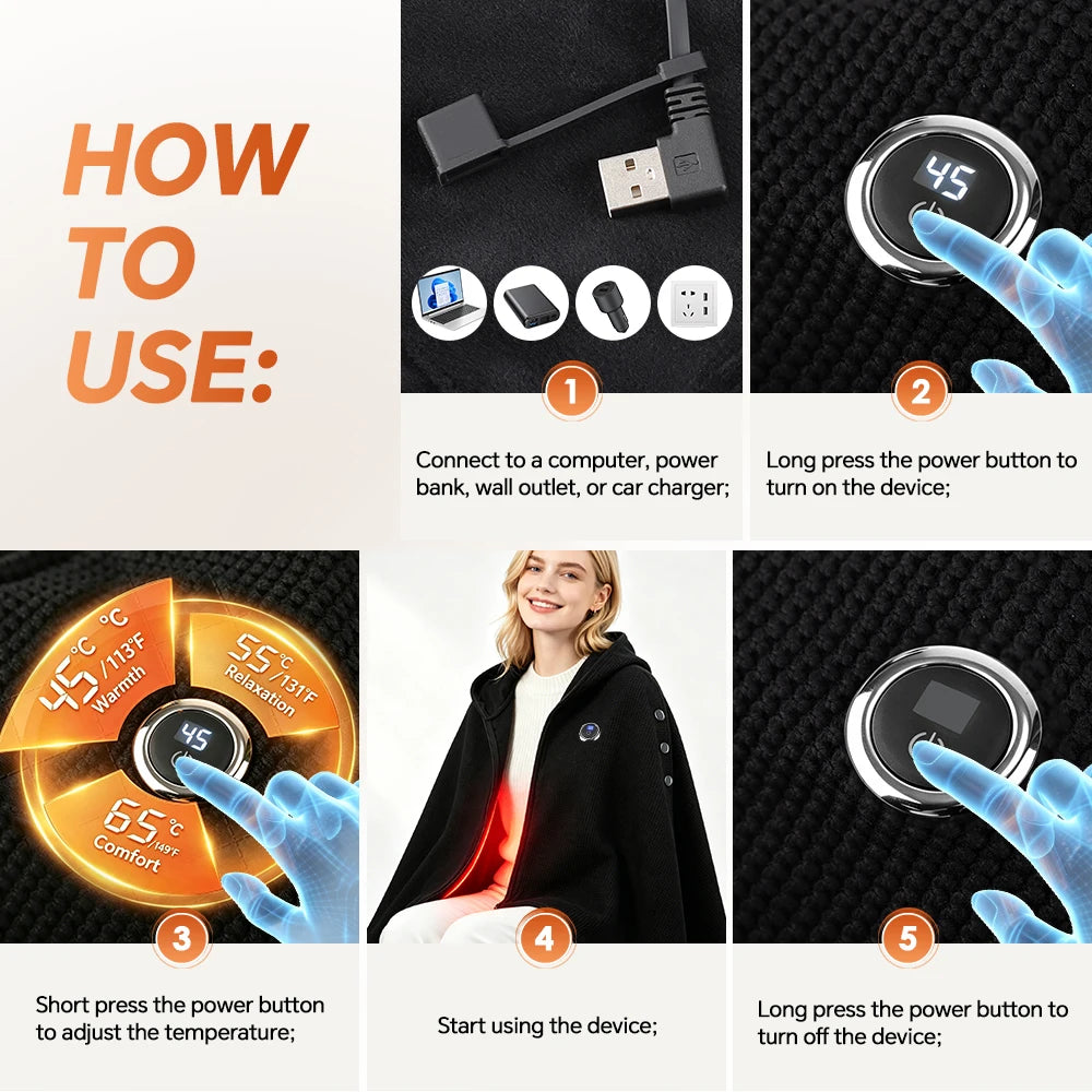 Graphene Heated Shawl Wearable USB Blanket Hooded Wrap - 14