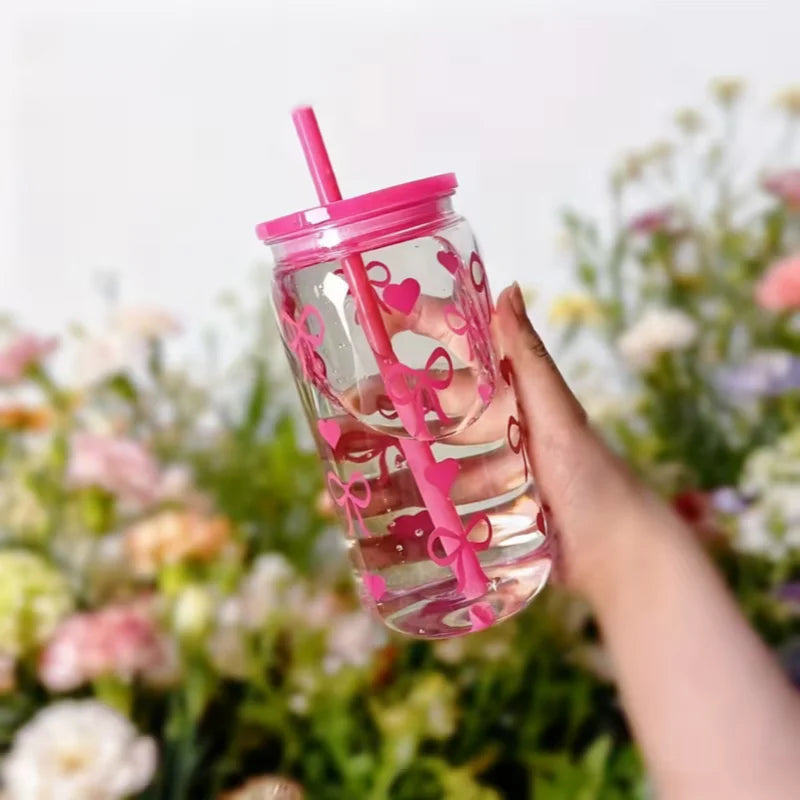 480ml Cute Bowknot Water Bottle with Straw BPA Free Reusable Drink Cup - 9