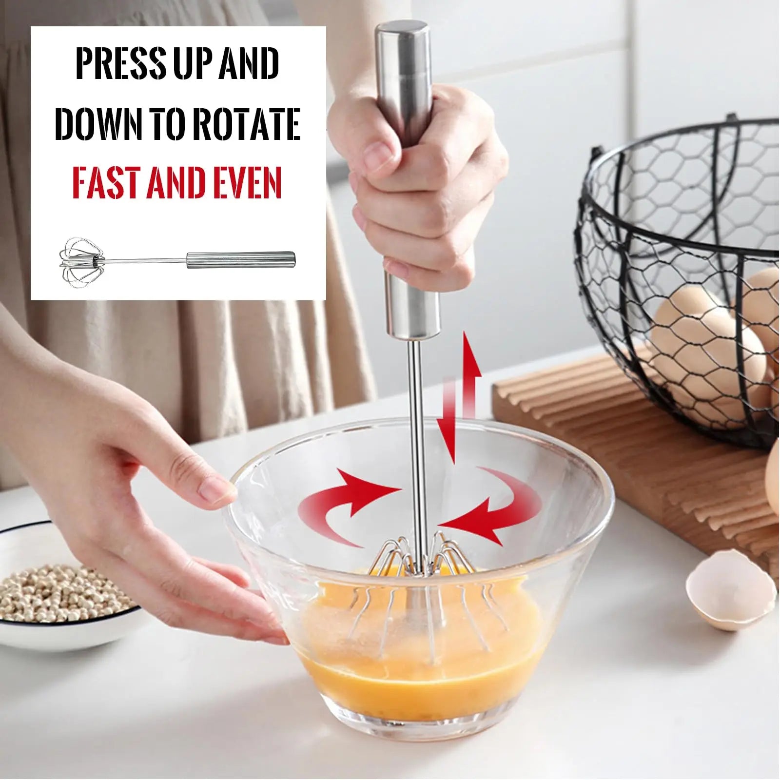 Stainless Steel Semi Automatic Egg Beater Kitchen Hand Whisk Mixer - 2