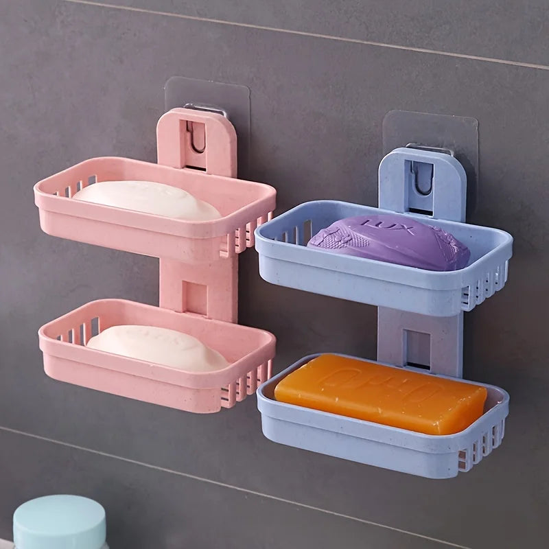 Double Layer Wall Mounted Soap Dish No Drill Bathroom Storage Rack - 1