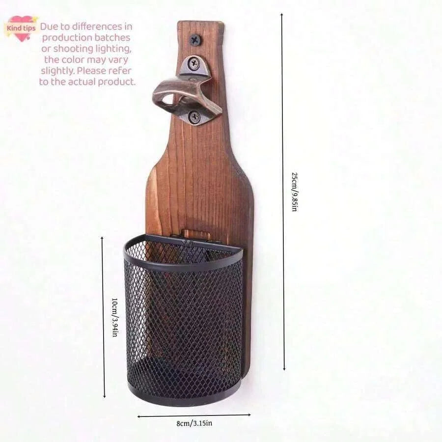 Wall Mounted Wooden Beer Bottle Opener with Magnetic Cap Catcher - 8
