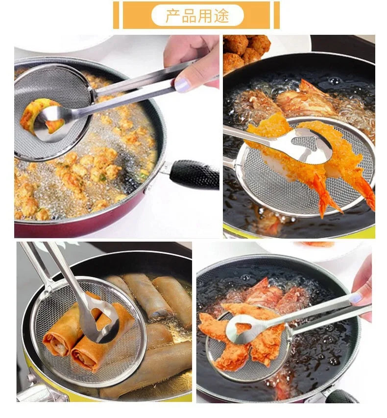Stainless Steel Frying Strainer Tongs Oil Filter Food Clip Kitchen Tool