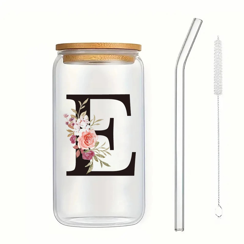 500ml Floral Alphabet Glass Cup with Bamboo Lid and Straw Coffee Mug - 18