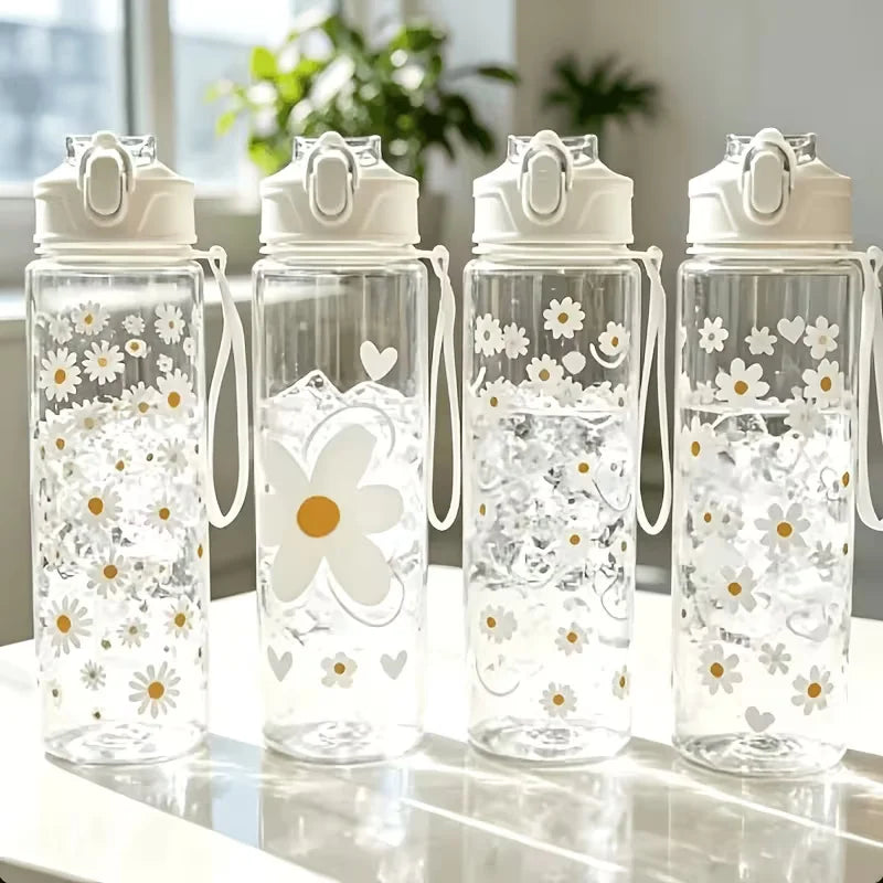 750ml Daisy Print Water Bottle Leak Proof Portable Straw Cup for Sports - 7