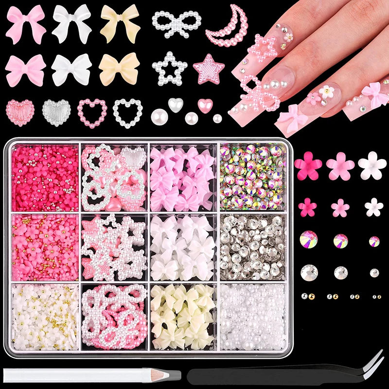 3D Acrylic Nail Art Bowknot Flower Resin Charms Rhinestones Pearl