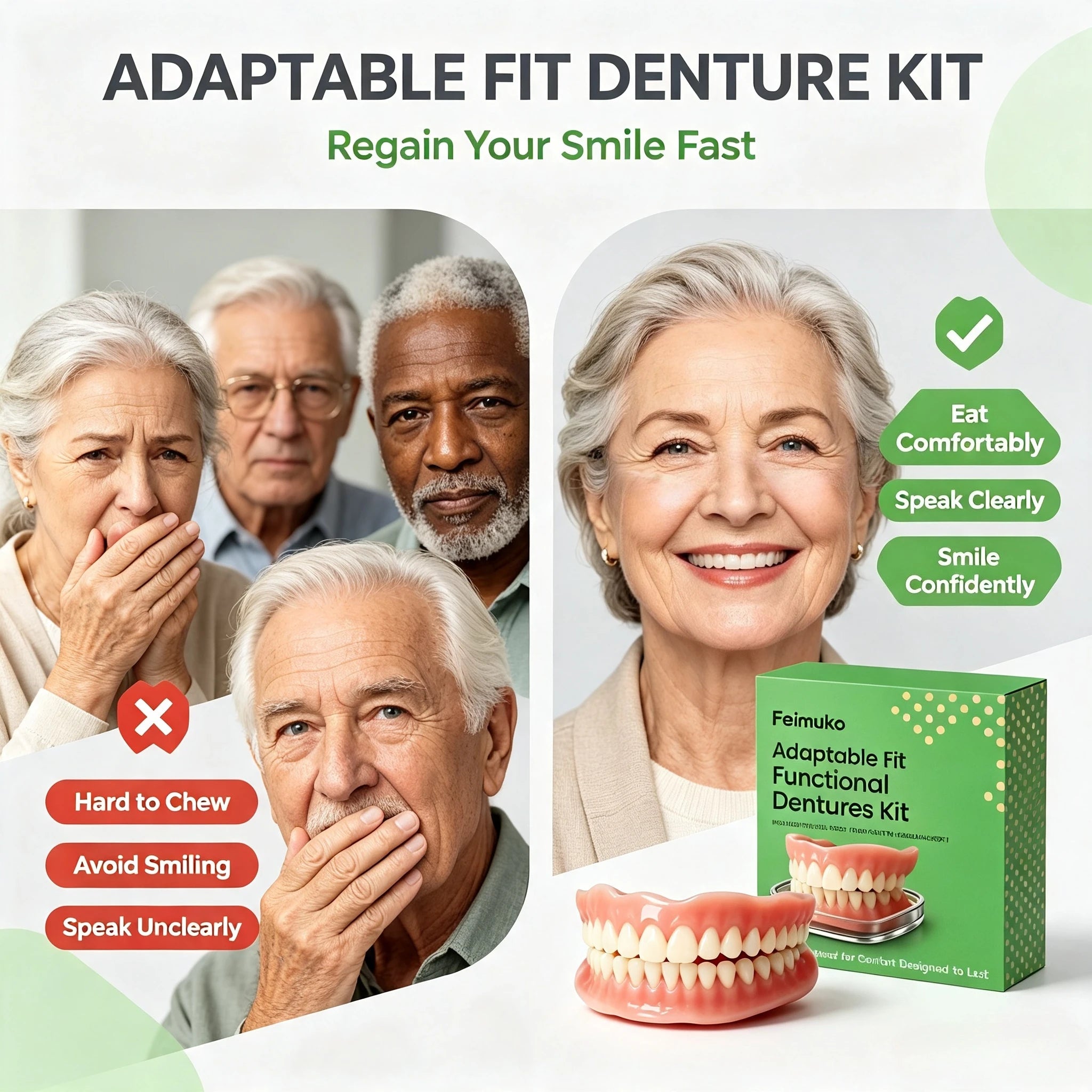 Soft Silicone Snap-On Dentures Natural Upper Lower Teeth Comfort Fit - 2