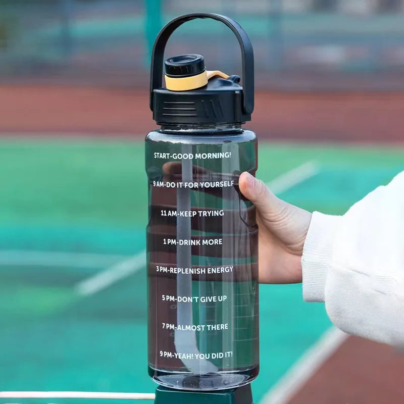 Large Capacity Sports Water Bottle with Straw and Time Marker