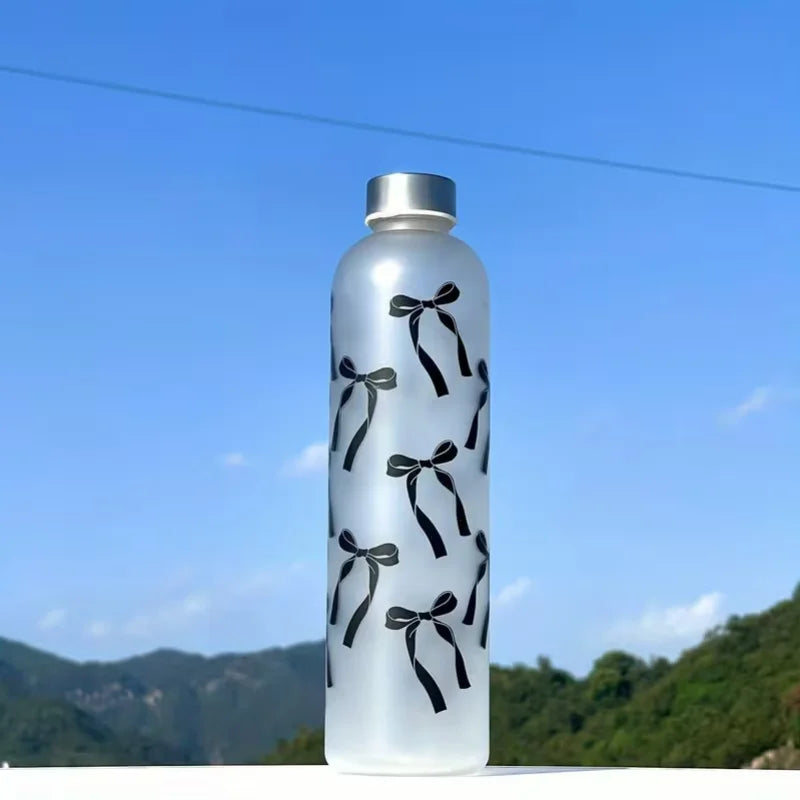 1000ml Frosted Sports Water Bottle Floral Bow Print Reusable Bottle