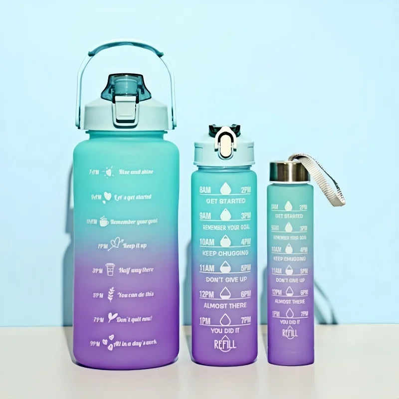 3-Piece Motivational Gradient Water Bottle Set with Straw and Time Marker