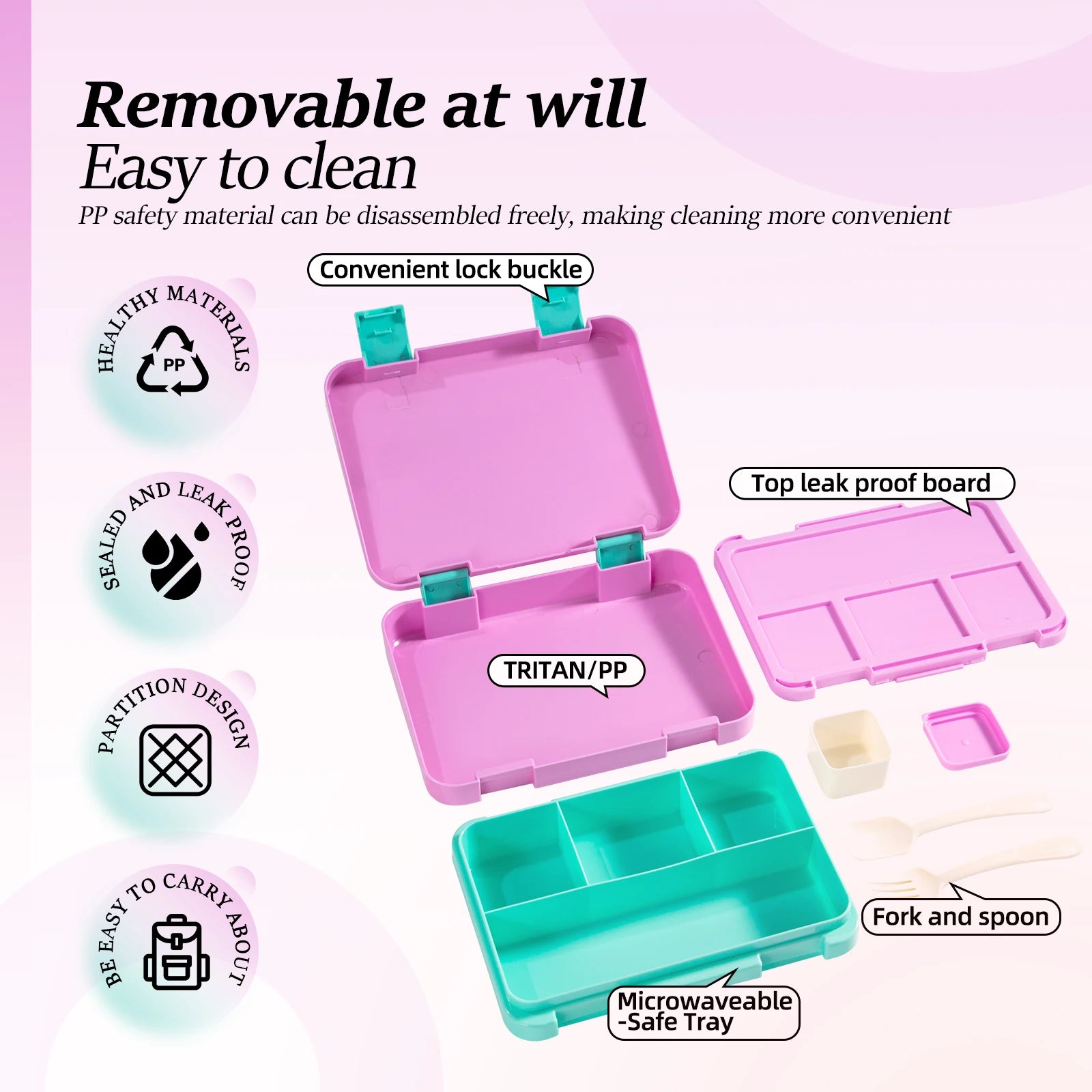 Kids Bento Box Divided Lunch Container Leakproof School Food Box 1180ml - 3
