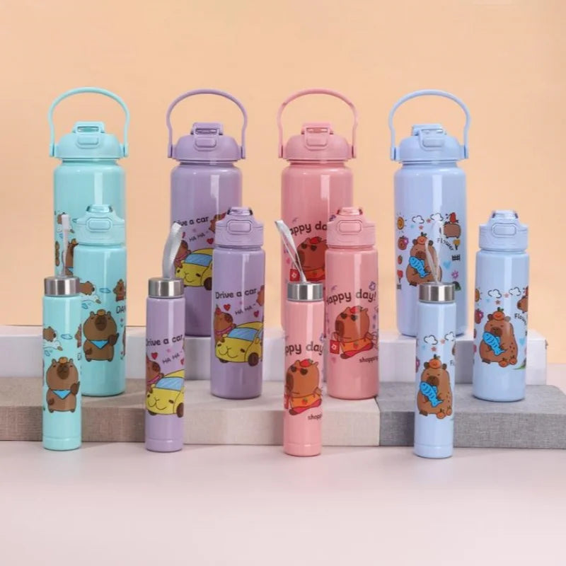 3Pcs Capybara Motivational Water Bottle Set Portable Sports Jugs
