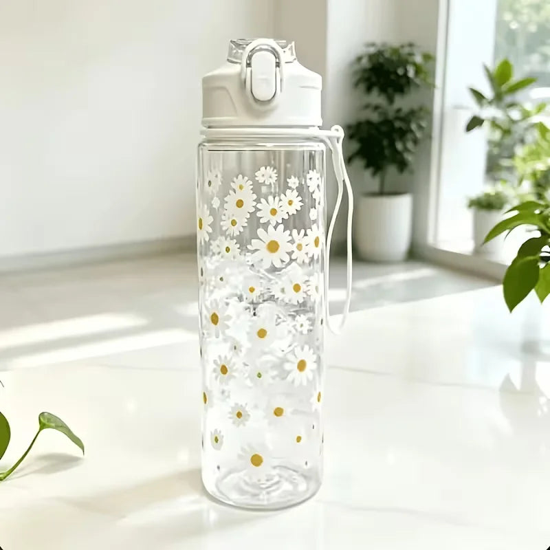750ml Daisy Print Water Bottle Leak-Proof Portable Straw Cup - 13