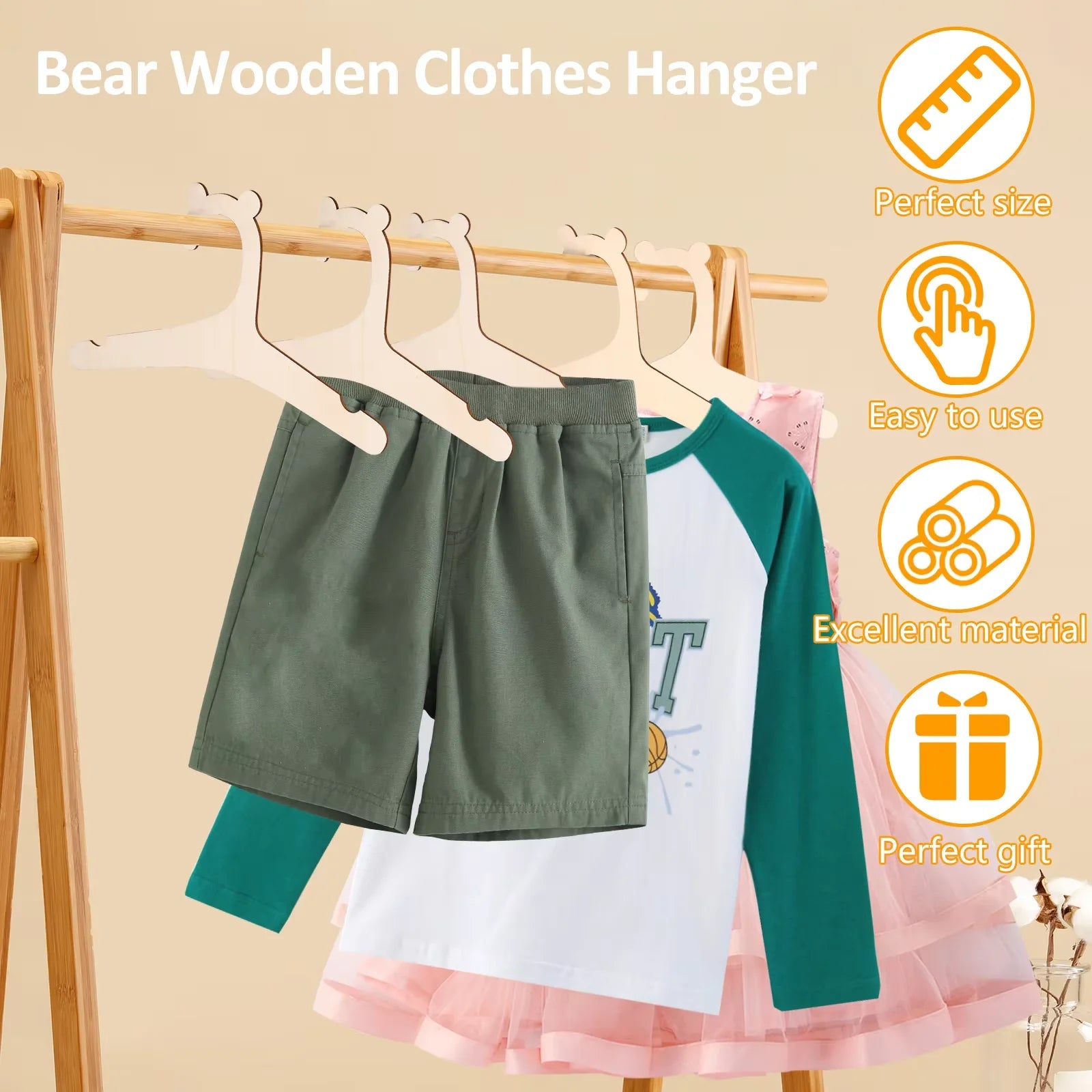 Wooden Baby Clothes Hangers Cute Bear Kids Clothing Organizer Rack - 5