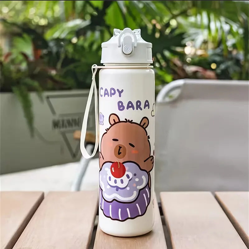 750ml Cute Capybara Water Bottle with Straw and Carrying Strap