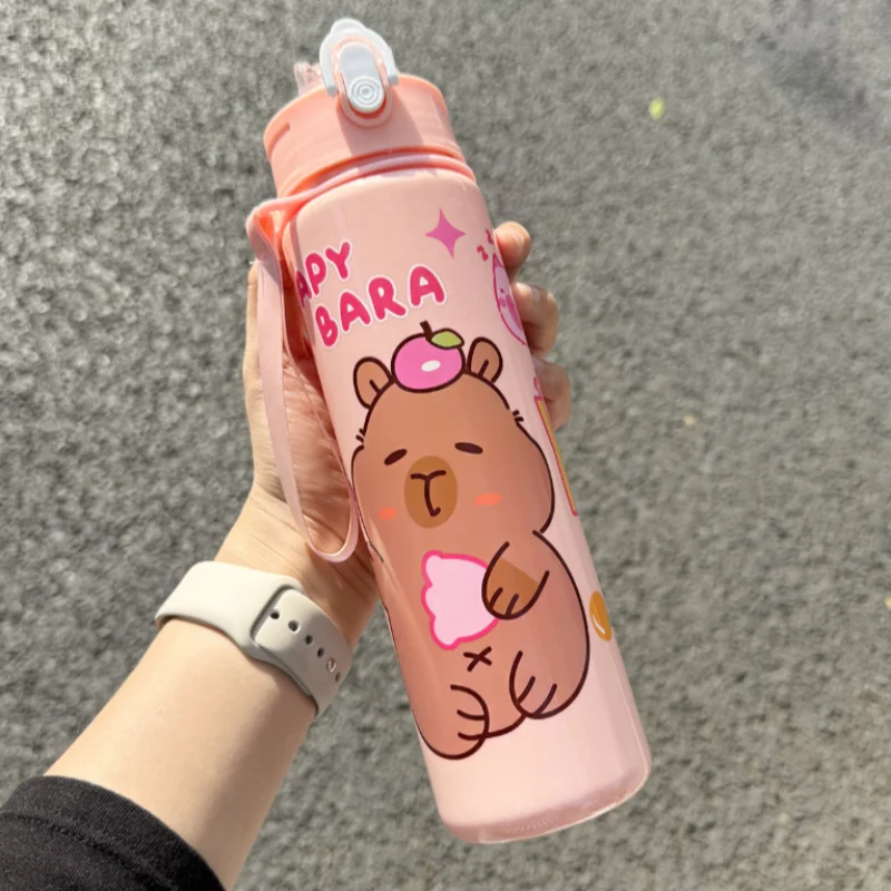 Cute Capybara Water Bottle Large Capacity Sports Cup with Straw and Strap - 4