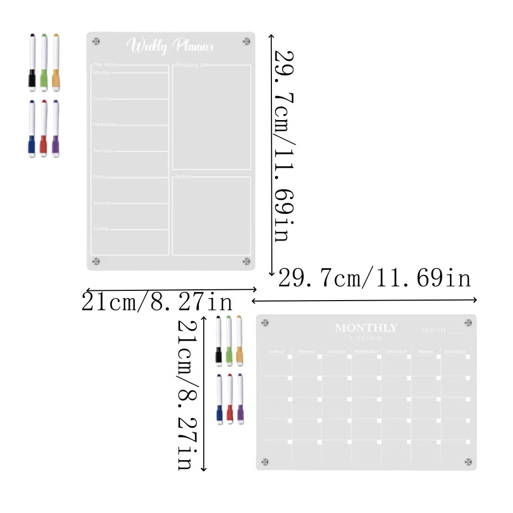 Magnetic Acrylic Fridge Calendar Dry Erase Weekly Planner Board Set