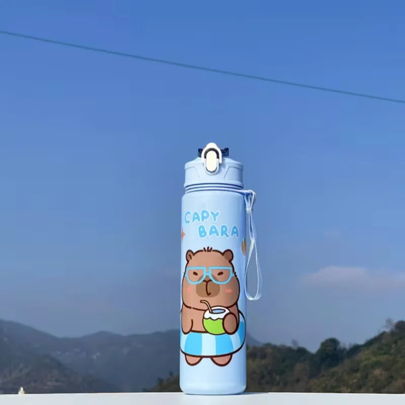 750ml Cute Capybara Water Bottle with Straw and Carrying Strap - 34