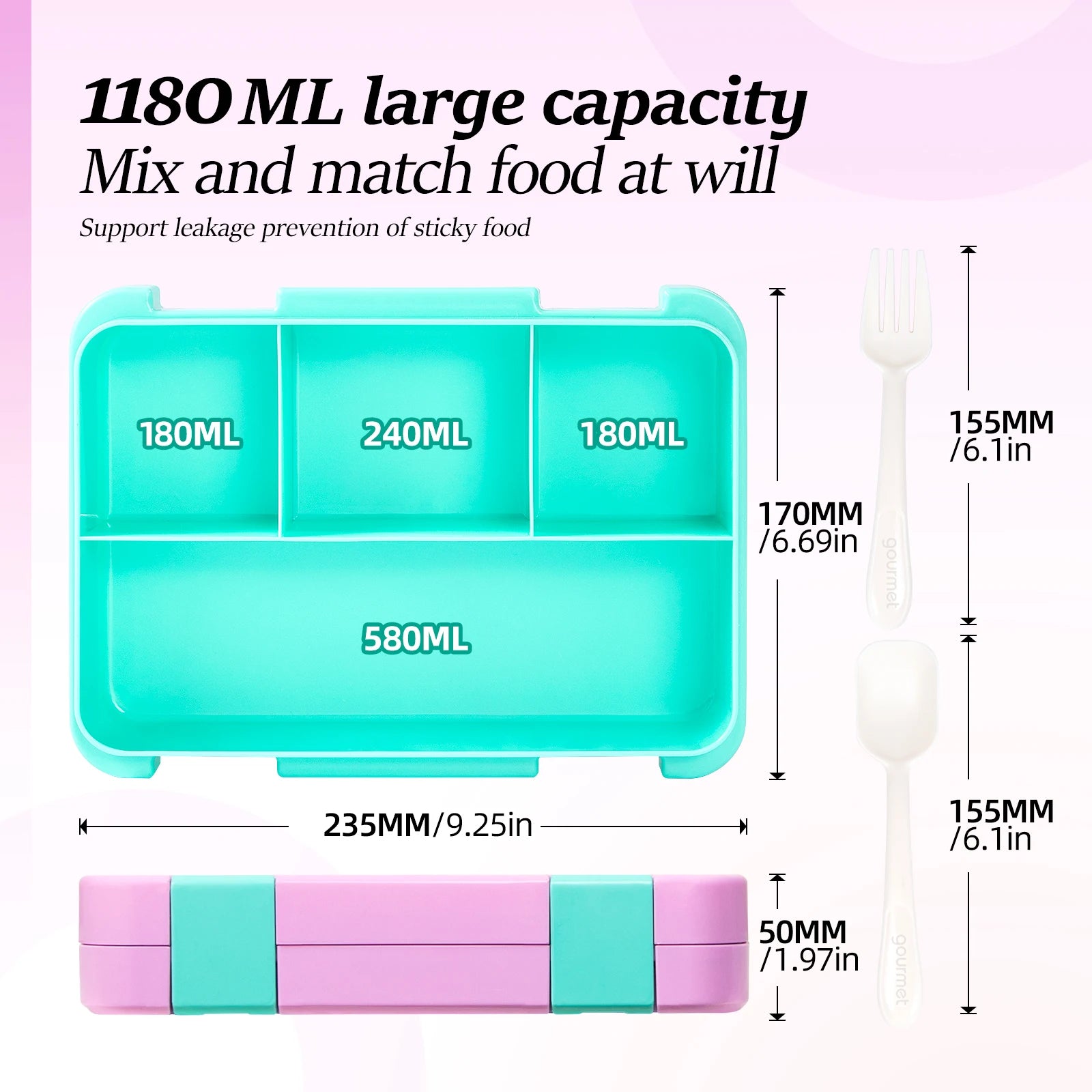 Kids Bento Box Divided Lunch Container Leakproof School Food Box 1180ml - 2