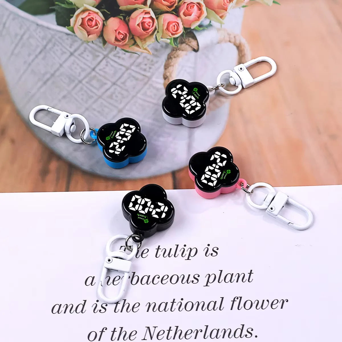 LED Digital Pocket Watch Keychain Portable Flower Shape Electronic Clock - 3