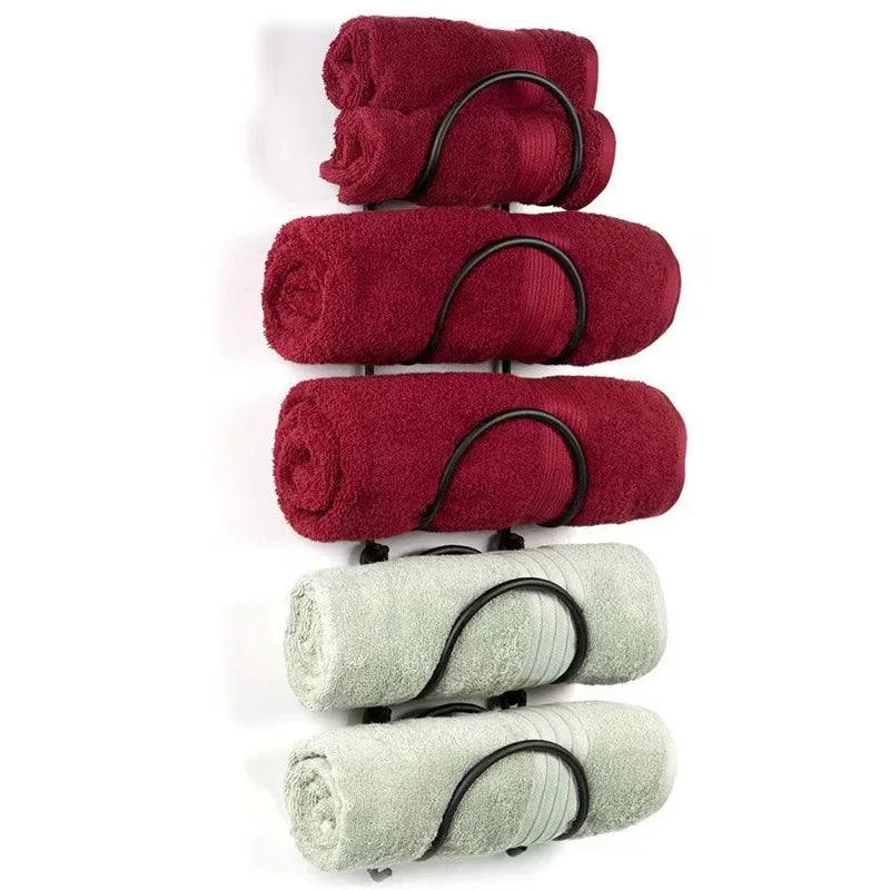 Wall Mounted Towel Rack Organizer Metal Bathroom Storage Shelf with Hooks - 7