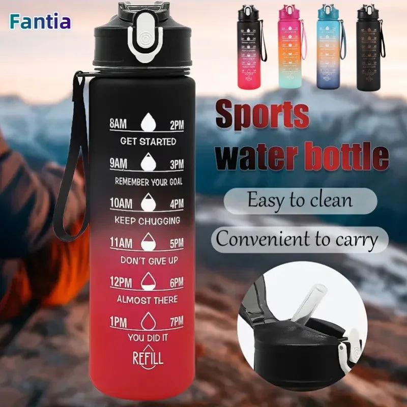Motivational Sports Water Bottle with Time Marker and Leak Proof Straw - 1