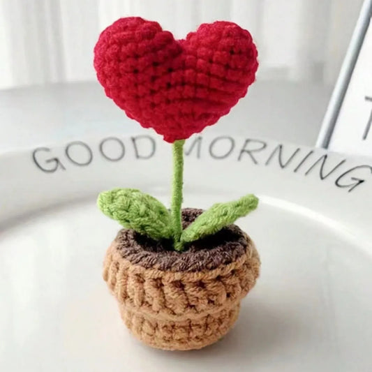 Handmade Knitted Heart Flower Pot Artificial Bonsai Desk Decoration Gift