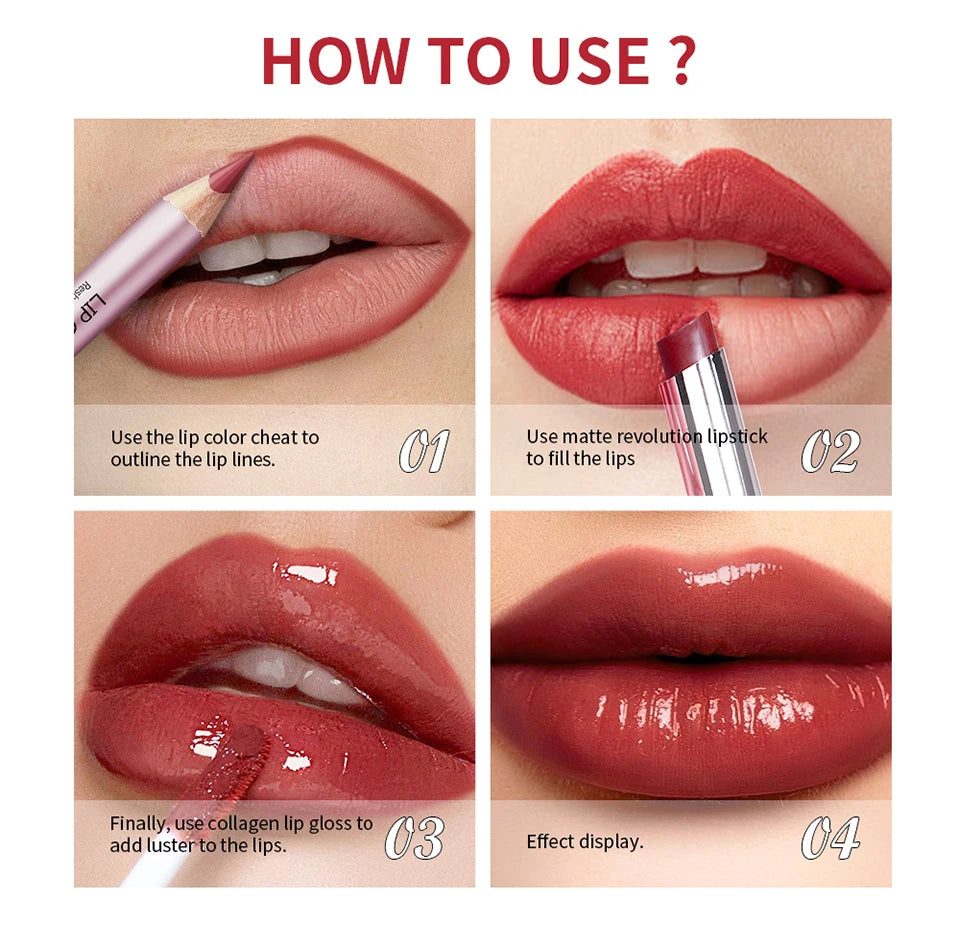 Matte Lipstick Lip Gloss Set Waterproof Nude Red Lip Liner Kit - 14