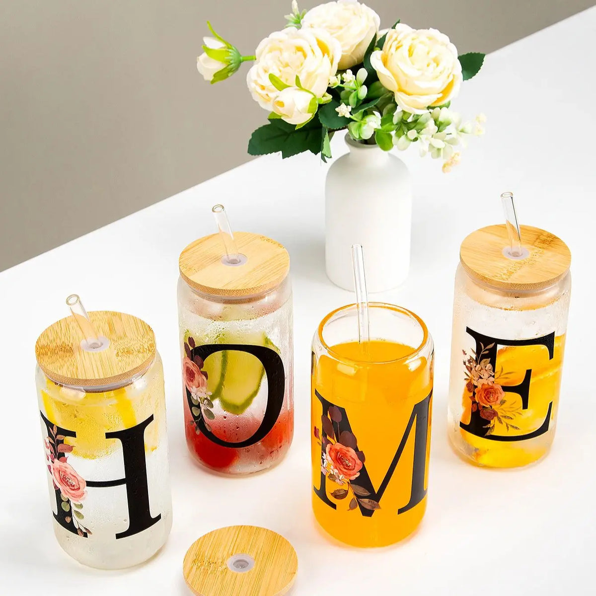 500ml Floral Alphabet Glass Cup with Bamboo Lid and Straw Coffee Mug