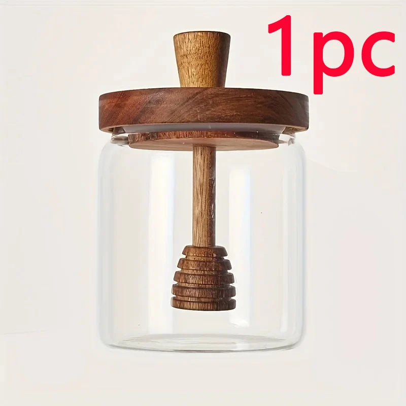 Glass Honey Jar with Wooden Dipper and Lid Syrup Storage Container - 17