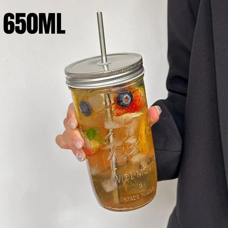 650ml Glass Coffee Cup with Straw and Lid Transparent Iced Drink Mug