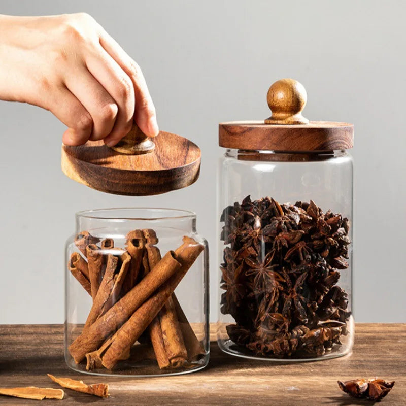 Airtight Glass Food Storage Jar with Acacia Wood Lid Kitchen Canister - 2